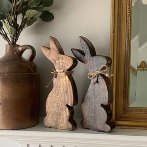 Set of 2 Wooden bunnies distressed holidays Easter made in India